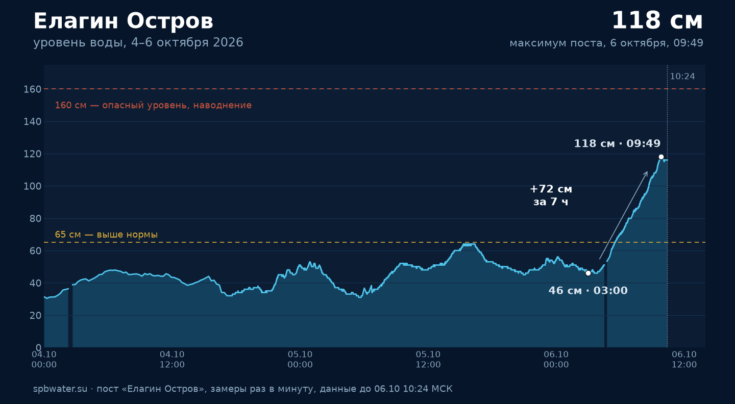 График уровня воды на посту Елагин Остров 4–6 октября 2026 года: рост с 46 см в 03:00 до 118 см в 09:49 6 октября